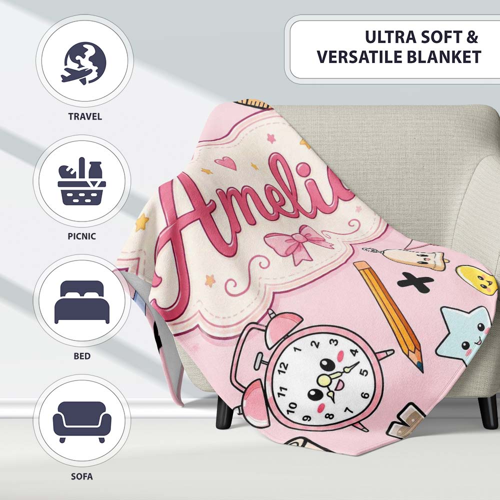 Cute Kawaii School Supplies And Study Seamless Pattern Pink Lovely Personalised Custom Name Super Soft Fleece Blanket Bed Sofa Throw