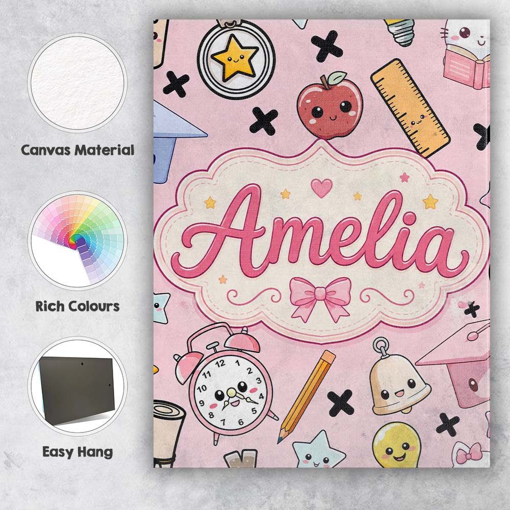 Personalised Name Cute Kawaii School Custom Premium Decorative Design Modern Room Accent Canvas Wall Art Print Decor Picture Ready to Hang