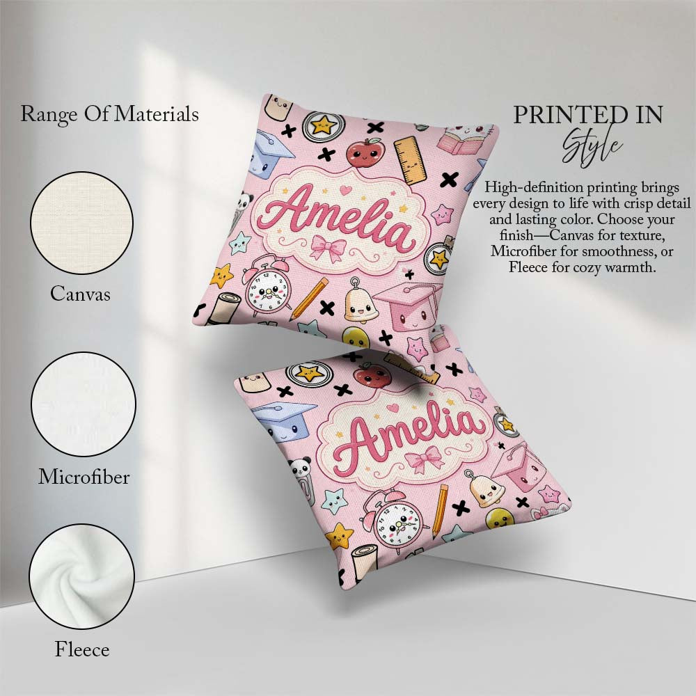 Custom Name Cute Kawaii Supplies And Study Seamless Pattern Pink Square Filled Cushion Throw Pillow Sofa Bed Home Decor Zip Washable UK Made