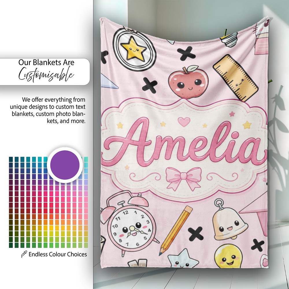 Cute Kawaii School Supplies And Study Seamless Pattern Pink Lovely Personalised Custom Name Super Soft Fleece Blanket Bed Sofa Throw