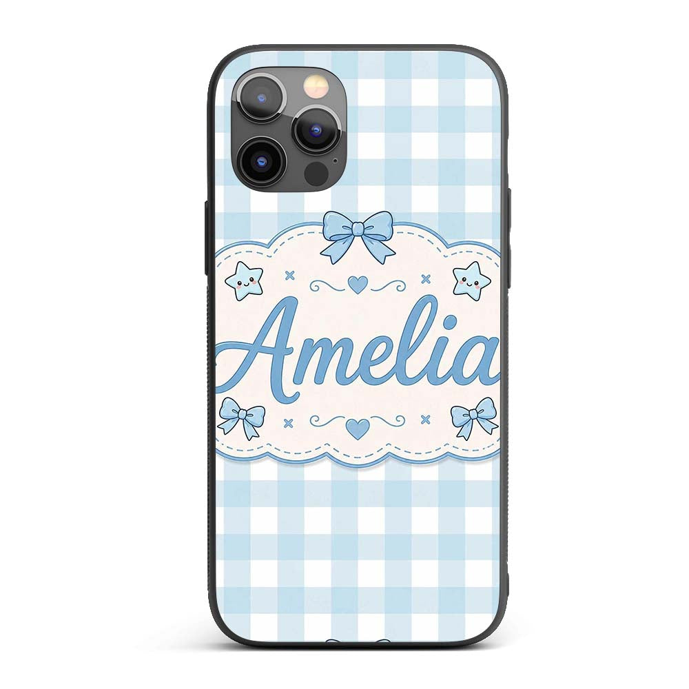 Soft Blue And White Gingham Check Printed Design Custom Name Protective Phone Case Mobile Cover Durable Everyday Smartphone Shock Resistant