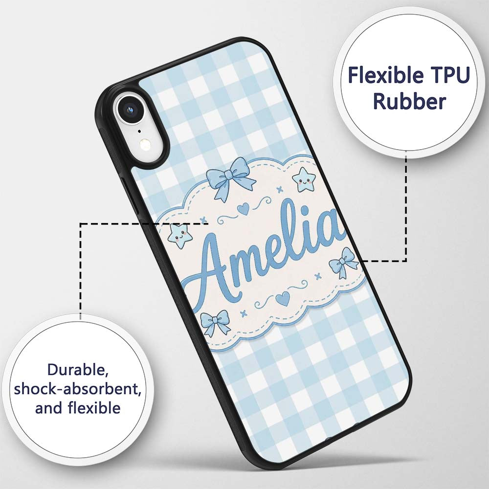 Soft Blue And White Gingham Check Printed Design Custom Name Protective Phone Case Mobile Cover Durable Everyday Smartphone Shock Resistant