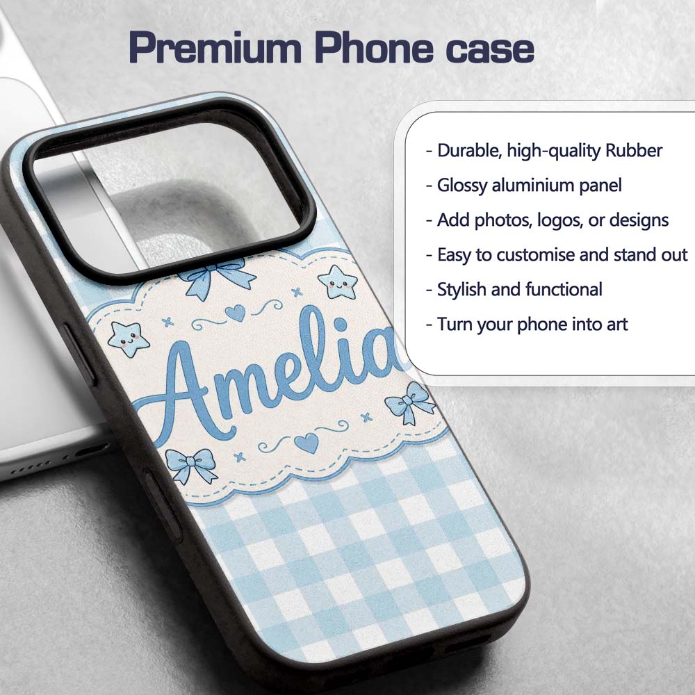 Soft Blue And White Gingham Check Printed Design Custom Name Protective Phone Case Mobile Cover Durable Everyday Smartphone Shock Resistant