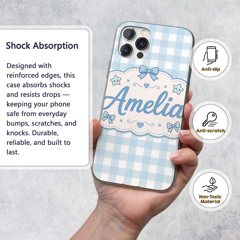 Soft Blue And White Gingham Check Printed Design Custom Name Protective Phone Case Mobile Cover Durable Everyday Smartphone Shock Resistant