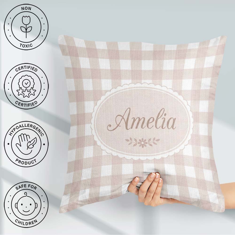 Custom Name Neutral Beige White Gingham Seamless Pattern Classic Square Filled Cushion Throw Pillow Sofa Bed Home Decor Zip Washable UK Made