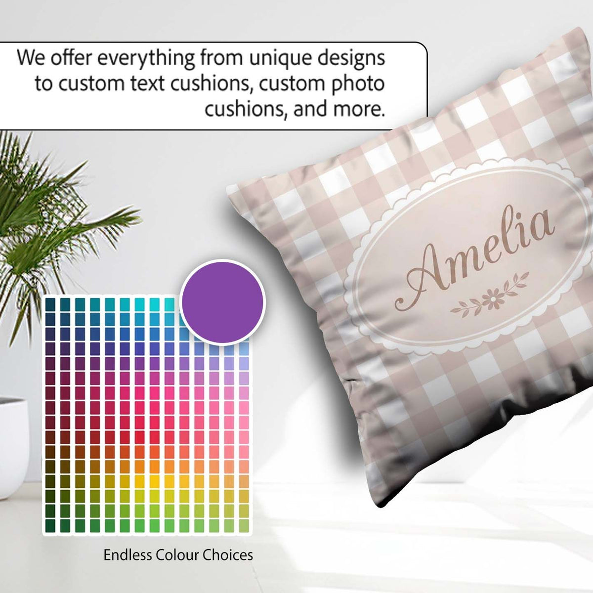 Custom Name Neutral Beige White Gingham Seamless Pattern Classic Square Filled Cushion Throw Pillow Sofa Bed Home Decor Zip Washable UK Made