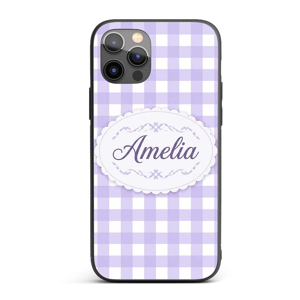 Soft Purple And White Gingham Check Seamless Custom Name Protective Phone Case Mobile Cover Durable Everyday Smartphone Shock Resistant