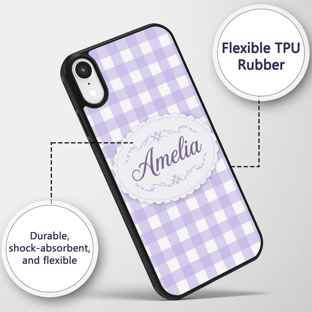 Soft Purple And White Gingham Check Seamless Custom Name Protective Phone Case Mobile Cover Durable Everyday Smartphone Shock Resistant