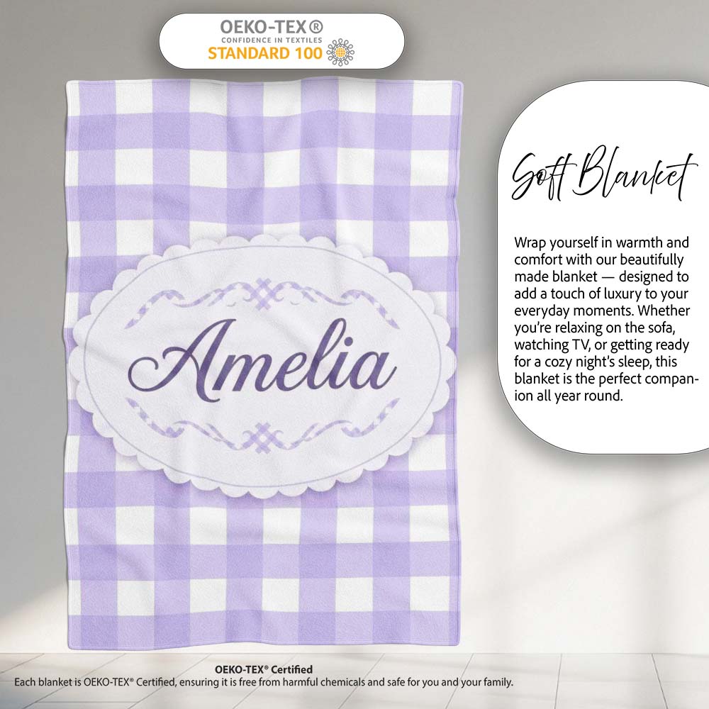 Soft Purple And White Gingham Check Seamless Pattern Classic Lovely Personalised Custom Name Super Soft Fleece Blanket Bed Sofa Throw