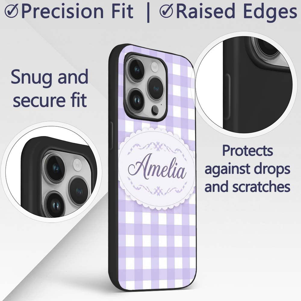 Soft Purple And White Gingham Check Seamless Custom Name Protective Phone Case Mobile Cover Durable Everyday Smartphone Shock Resistant