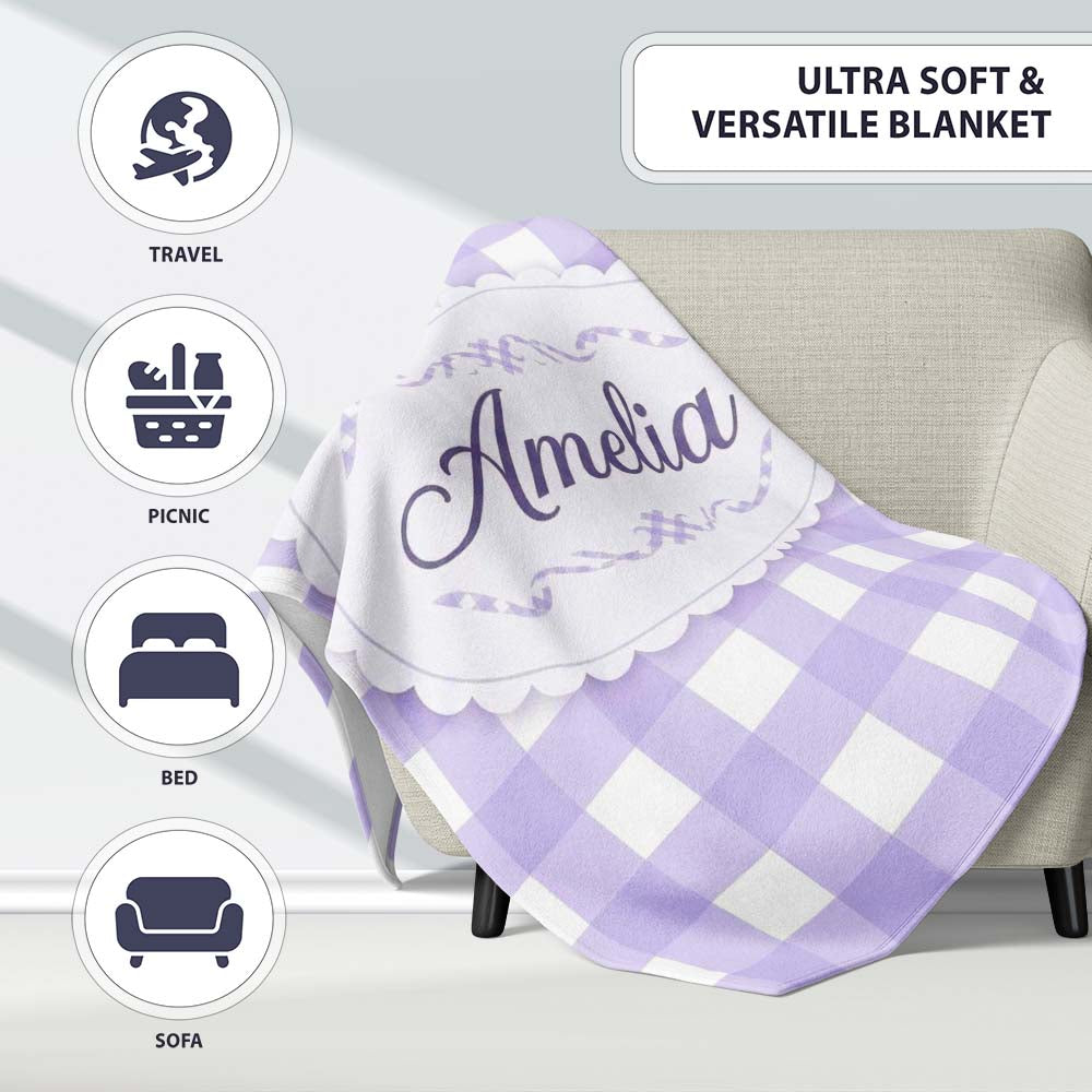Soft Purple And White Gingham Check Seamless Pattern Classic Lovely Personalised Custom Name Super Soft Fleece Blanket Bed Sofa Throw