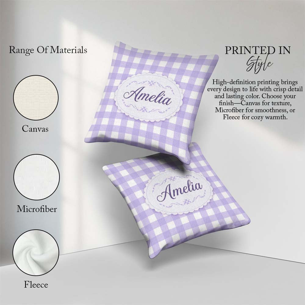 Custom Name Soft Purple And White Gingham Check Seamless Pattern Square Filled Cushion Throw Pillow Sofa Bed Home Decor Zip Washable UK Made