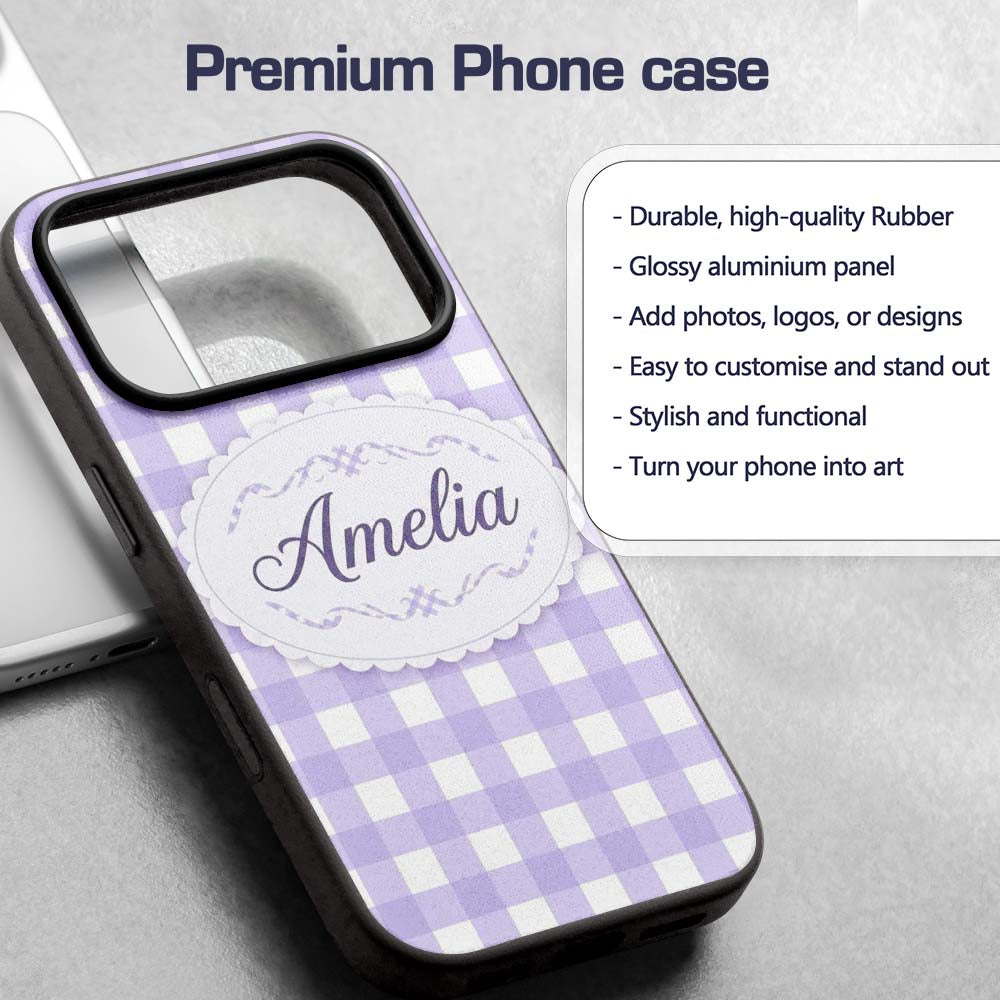 Soft Purple And White Gingham Check Seamless Custom Name Protective Phone Case Mobile Cover Durable Everyday Smartphone Shock Resistant