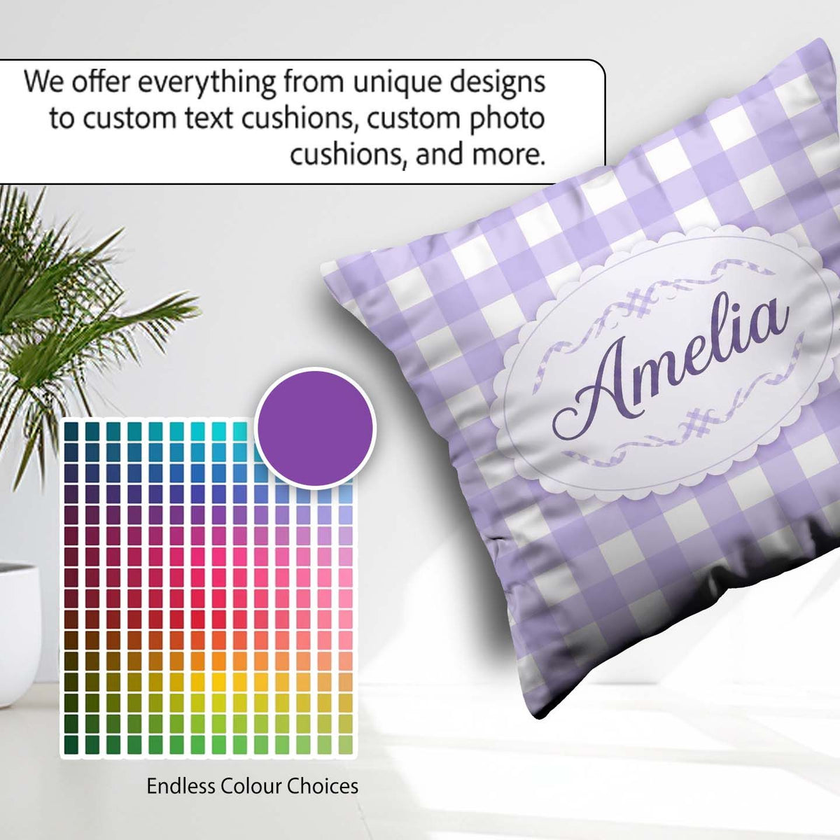Custom Name Soft Purple And White Gingham Check Seamless Pattern Square Filled Cushion Throw Pillow Sofa Bed Home Decor Zip Washable UK Made