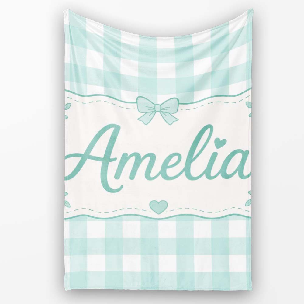 Mint Green And White Gingham Check Seamless Pattern Classic Lovely Personalised Custom Name Super Soft Fleece Blanket Bed Sofa Throw