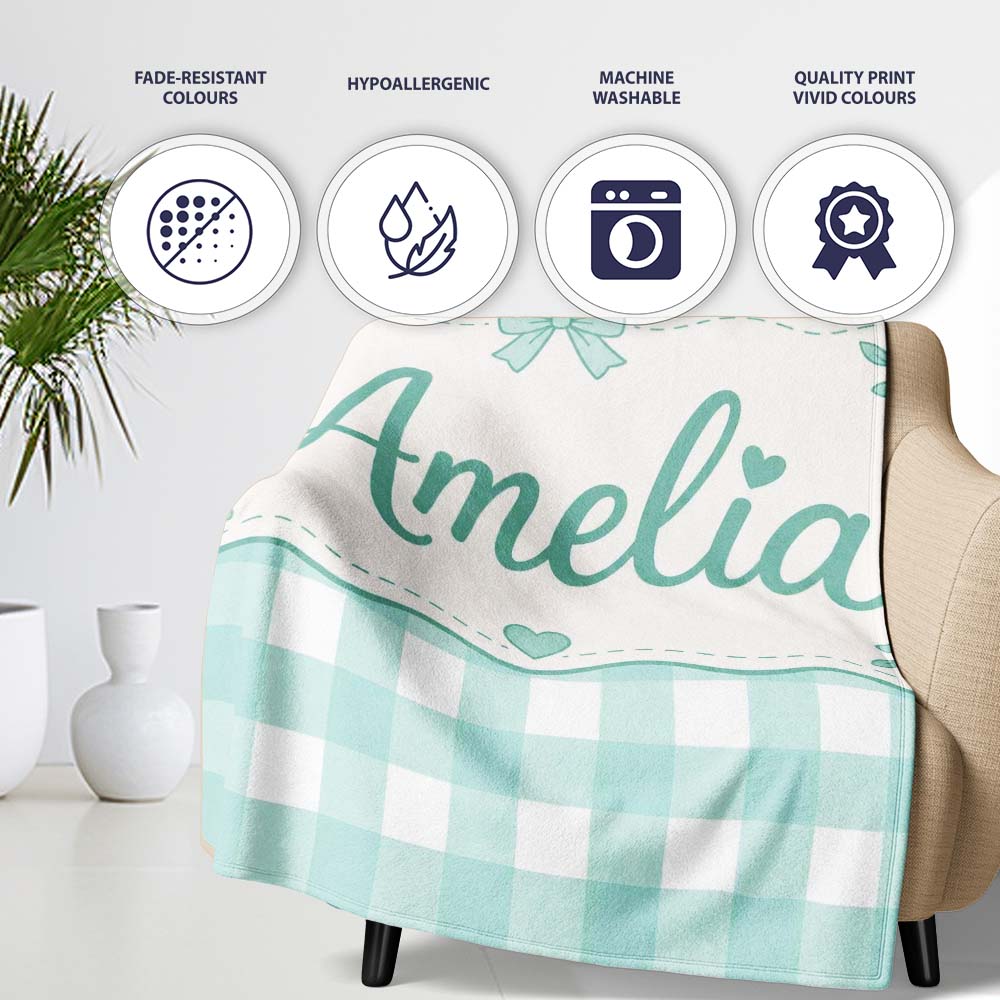 Mint Green And White Gingham Check Seamless Pattern Classic Lovely Personalised Custom Name Super Soft Fleece Blanket Bed Sofa Throw