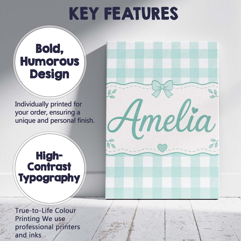 Personalised Name Mint Green And White Custom Modern Room Accent Elegant Feature Canvas Wall Art Print Decor Picture Ready to Hang