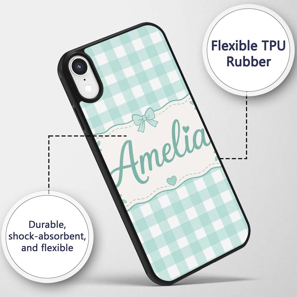 Mint Green And White Gingham Check Printed Design Custom Name Protective Phone Case Mobile Cover Durable Everyday Smartphone Shock Resistant