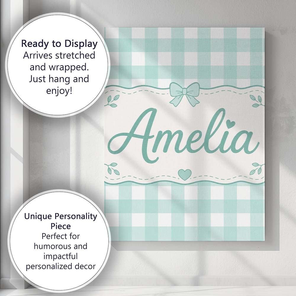 Personalised Name Mint Green And White Custom Modern Room Accent Elegant Feature Canvas Wall Art Print Decor Picture Ready to Hang