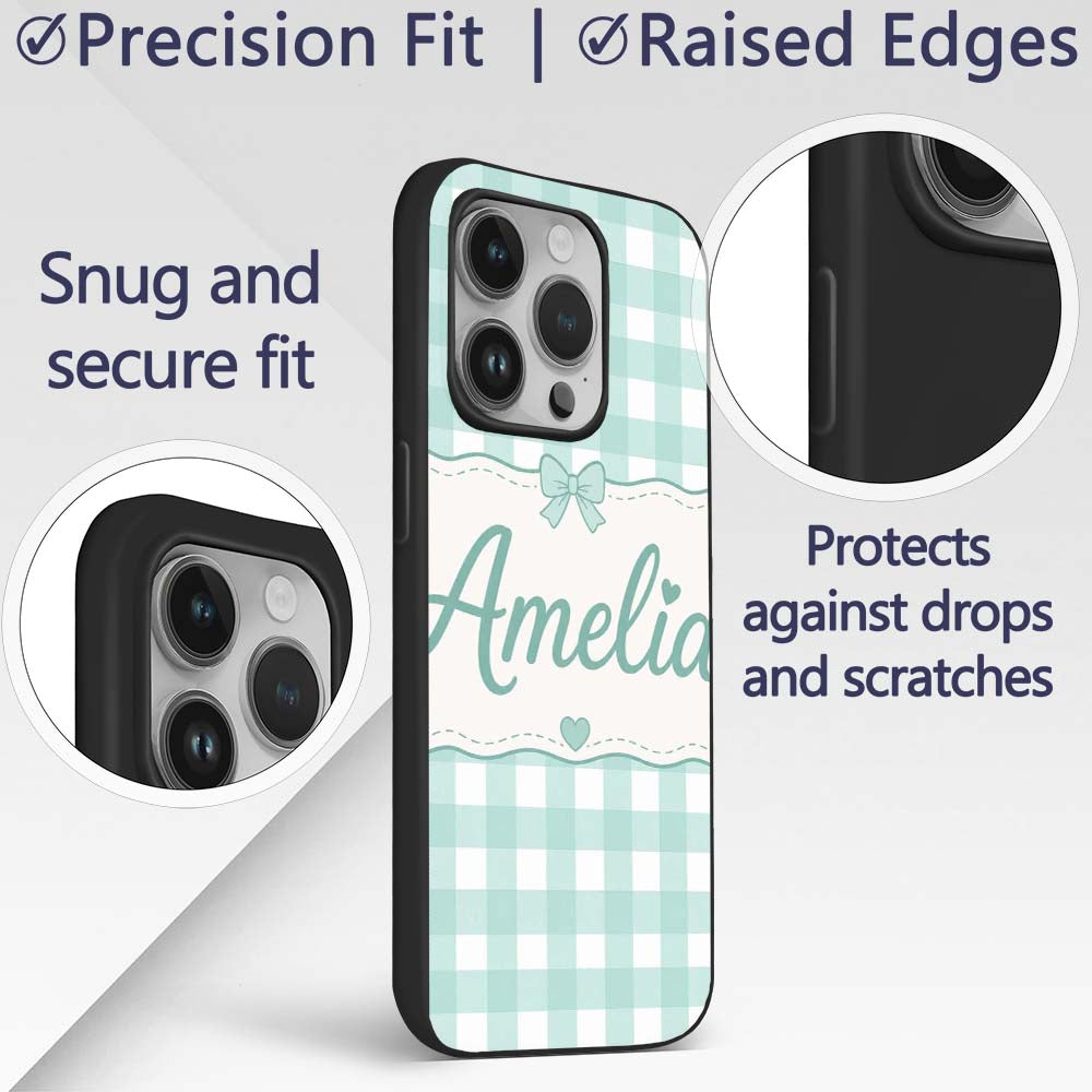 Mint Green And White Gingham Check Printed Design Custom Name Protective Phone Case Mobile Cover Durable Everyday Smartphone Shock Resistant