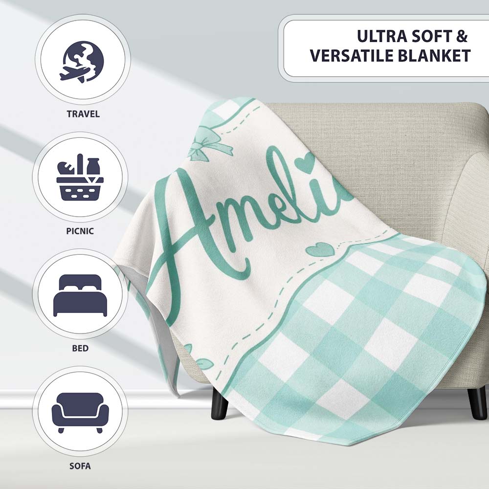Mint Green And White Gingham Check Seamless Pattern Classic Lovely Personalised Custom Name Super Soft Fleece Blanket Bed Sofa Throw