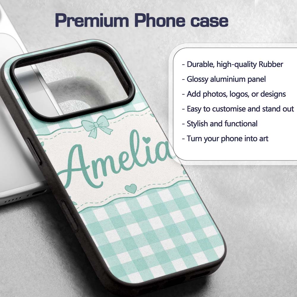 Mint Green And White Gingham Check Printed Design Custom Name Protective Phone Case Mobile Cover Durable Everyday Smartphone Shock Resistant