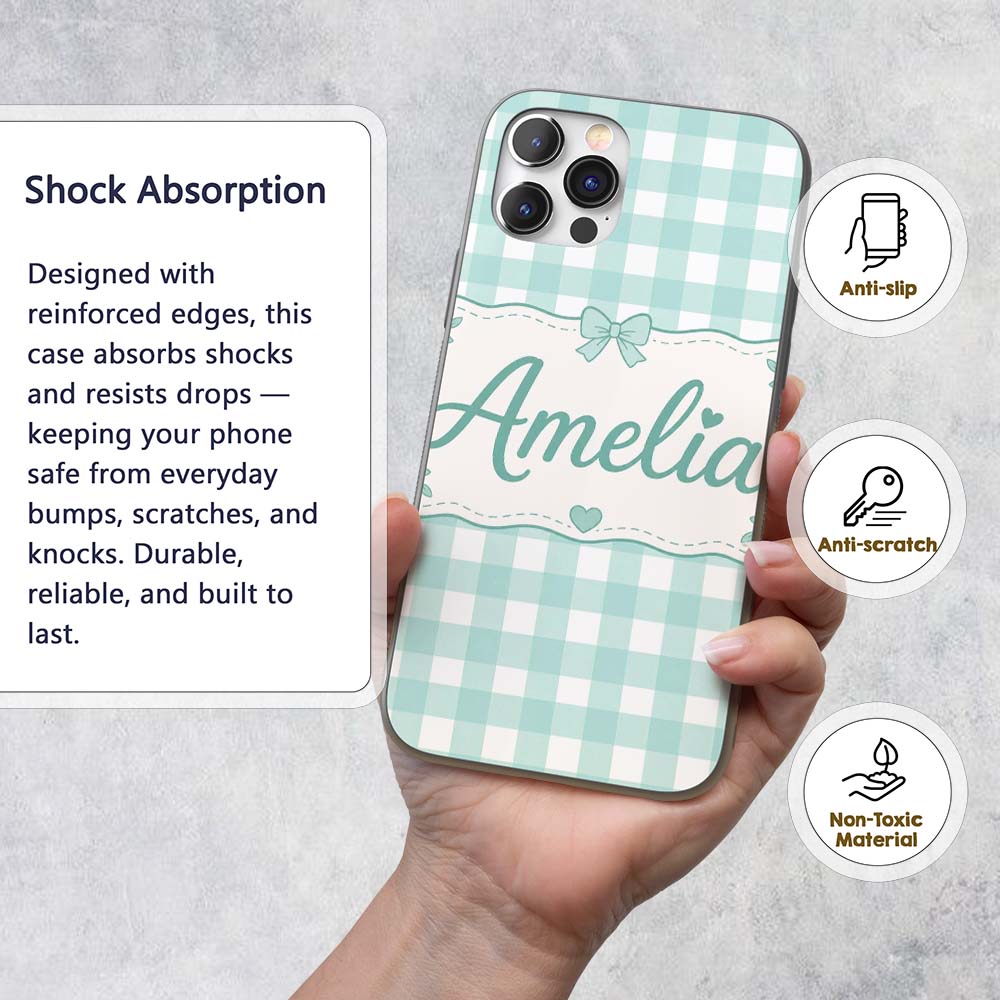 Mint Green And White Gingham Check Printed Design Custom Name Protective Phone Case Mobile Cover Durable Everyday Smartphone Shock Resistant