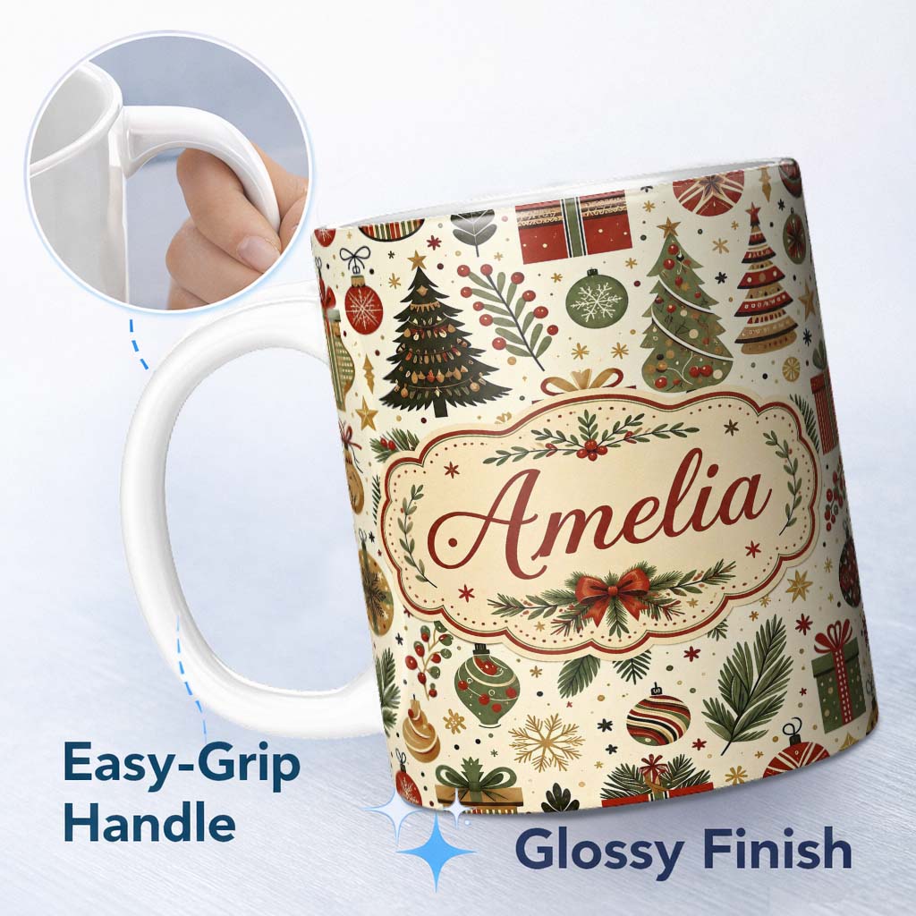 Personalized Custom Name Scandinavian Christmas Trees Gifts Baubles Festive Seamless Pattern 11oz Ceramic Coffee Tea Mug White Large Handle