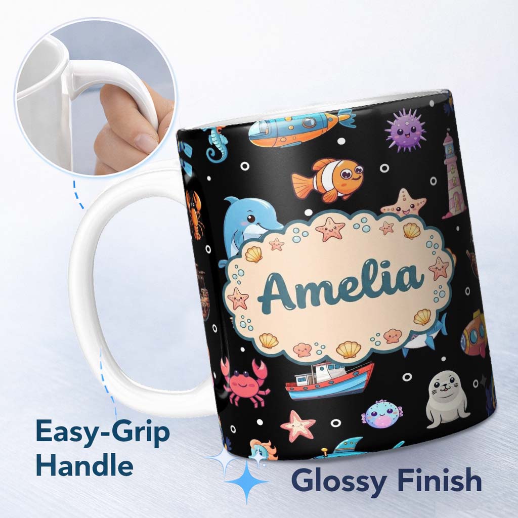 Personalized Custom Name Cartoon Sea Animals Diver Dolphin Shark Lighthouse Black Bubble 11oz Ceramic Coffee Tea Mug White Large Handle
