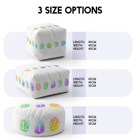 Personalised Watercolour Letters Any Colour Ottoman Filled Pouffe Washable Cover