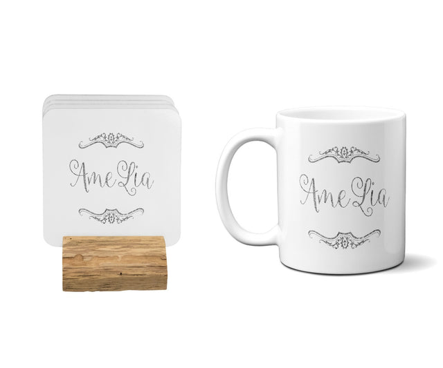 Personalised Name Scroll Border Coffee Tea Mug Gift 11oz Mug + Coaster