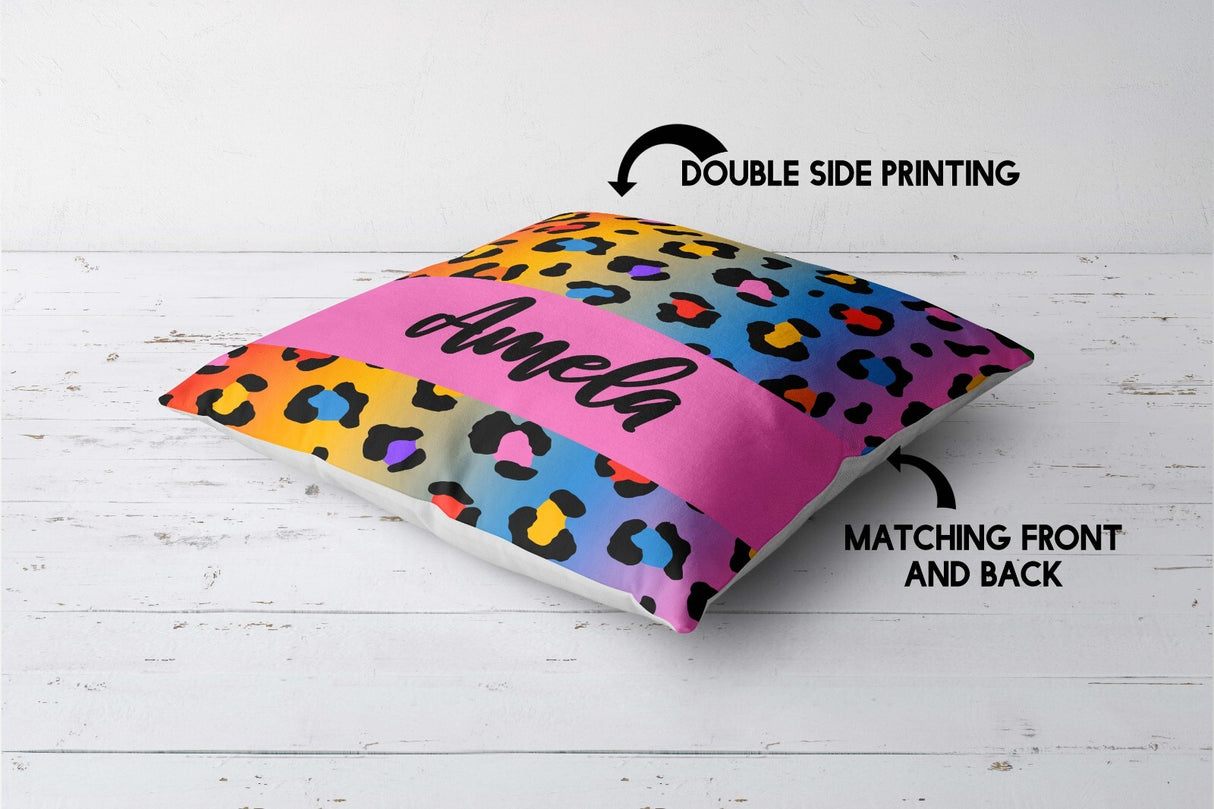 Personalised Name Leopard Spots Print Multicolour Square Fill Zip Cushion Throw