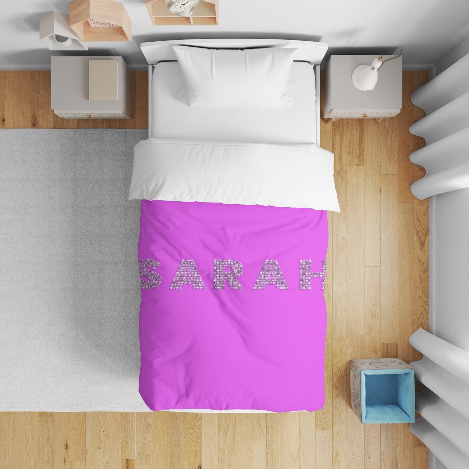 Personalised Name  Diamond Gems Font Kids Cot Bedding Duvet Cover + Pillowcase