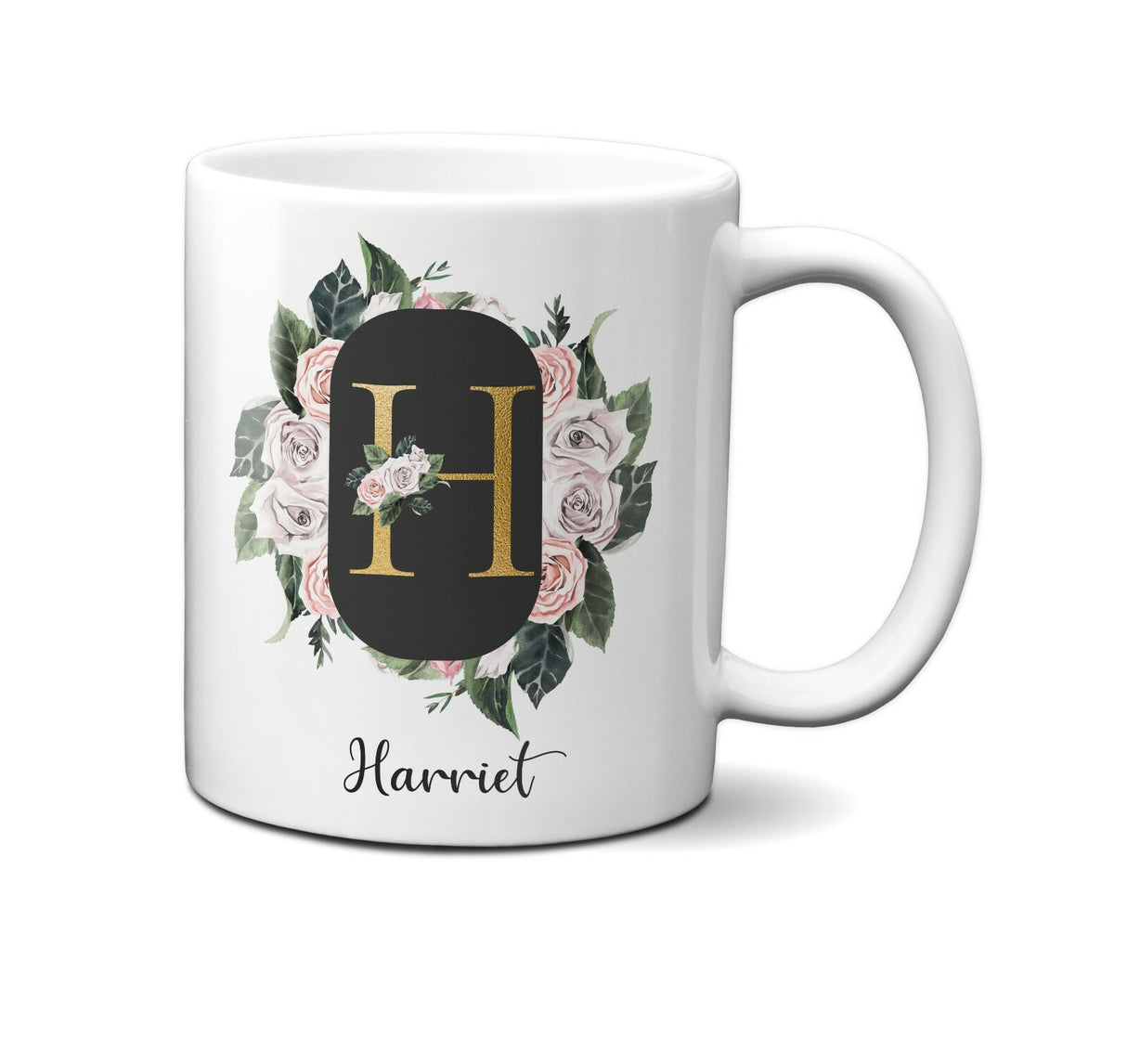 Personalised Floral Frame Gold Floral Name Initial Letter Mug Gift 11oz Ceramic
