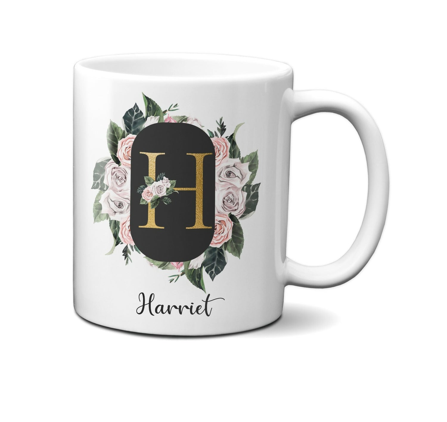 Personalised Floral Frame Gold Floral Name Initial Letter Mug Gift 11oz Ceramic