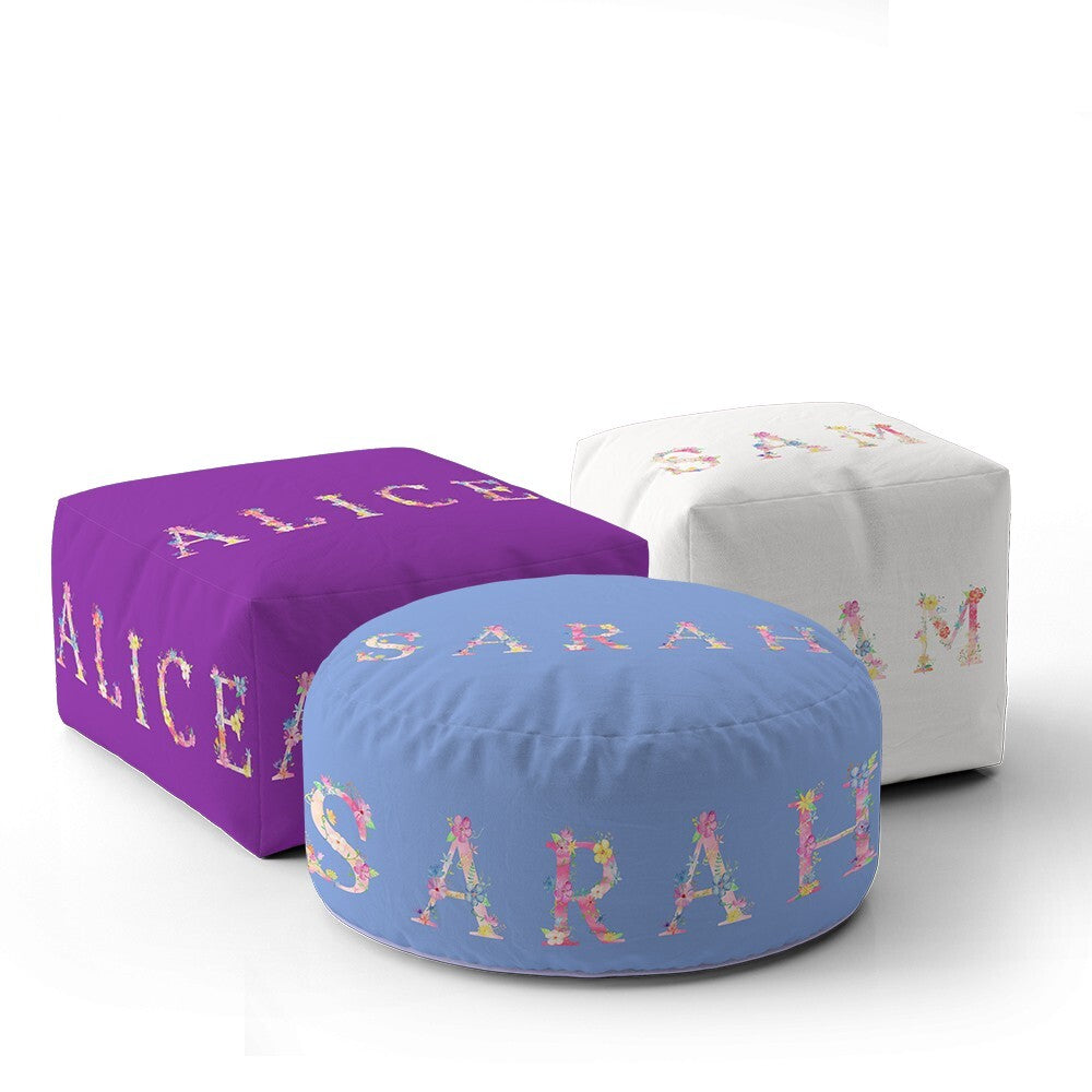 Personalised Pink Floral Alphabet Kids Font Ottoman Filled Pouffe Washable Cover