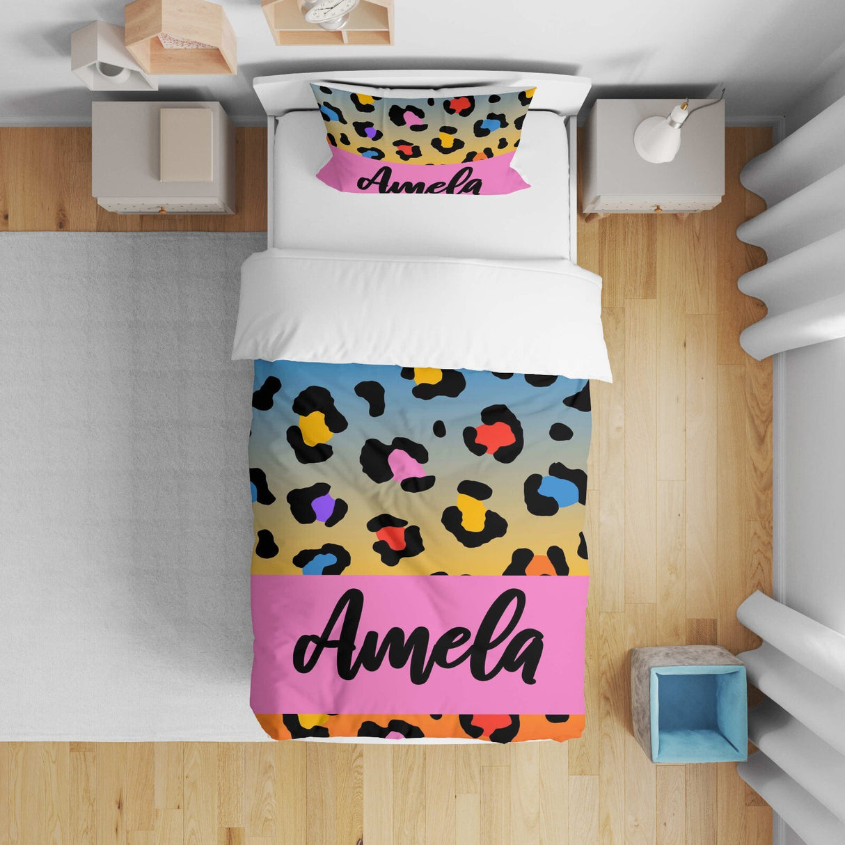 Personalised Name Leopard Spots Multicolour Kid Cot Bed Duvet Cover + Pillowcase
