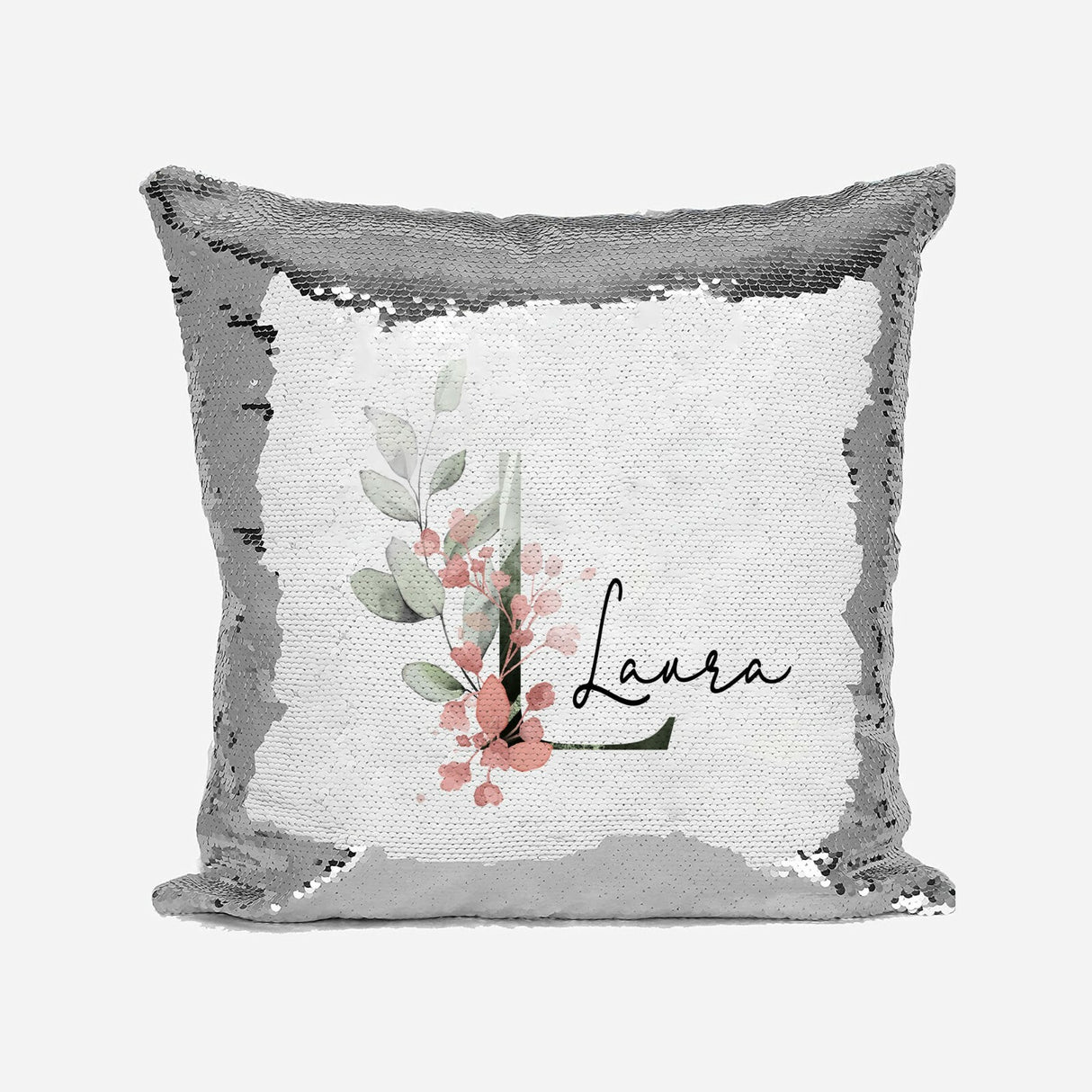 Personalised Gentle Botanical Blush Sequin Magic Cushion Cover + Pillow Kids