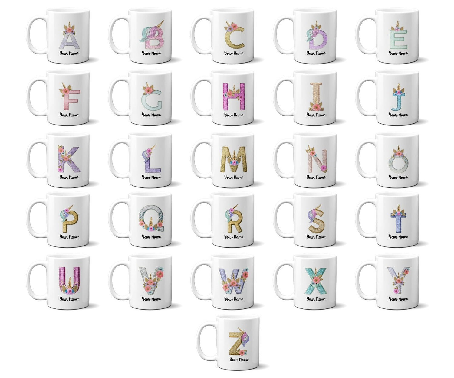 Personalised Unicorn Sparkly Kids Girls Monogram Alphabet Initial Letter Mug