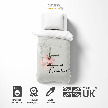 Personalised Name Botanical Blush Initial Single Bed Duvet Cover Pillowcase Set