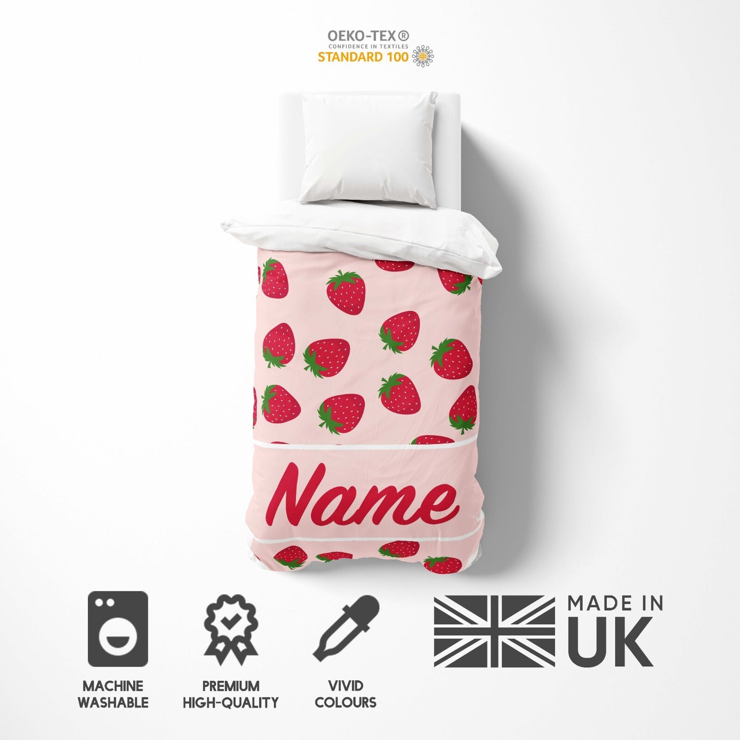 Personalised Custom Name Colour Strawberries Single Bed Duvet Cover + Pillowcase