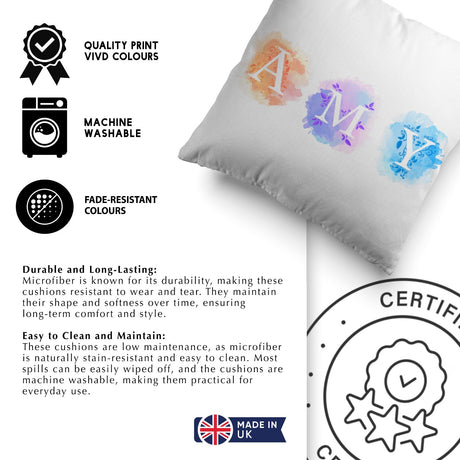 Personalised Name Watercolour Letters Font Kids Soft Square Filled Cushion Decor