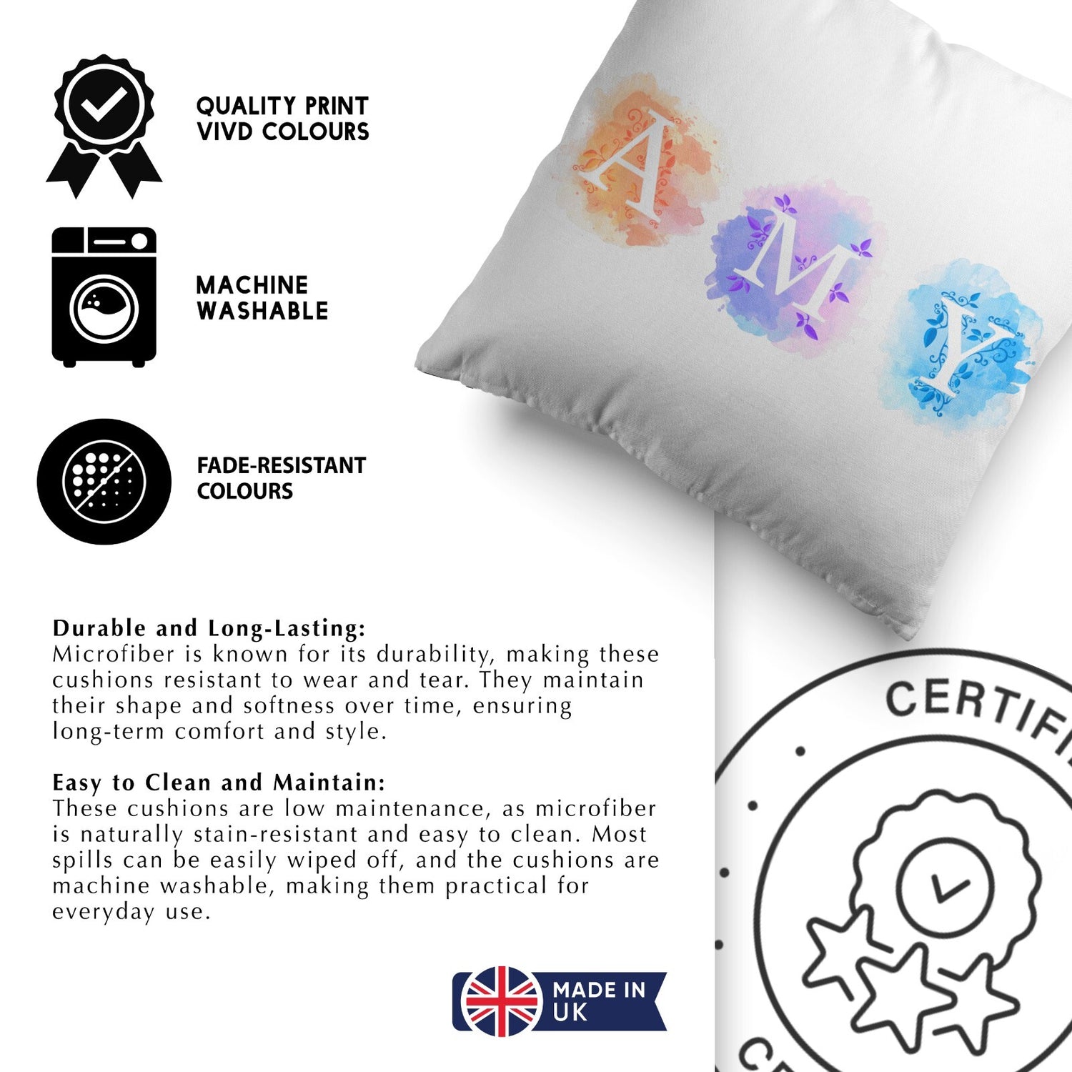 Personalised Name Watercolour Letters Font Kids Soft Square Filled Cushion Decor