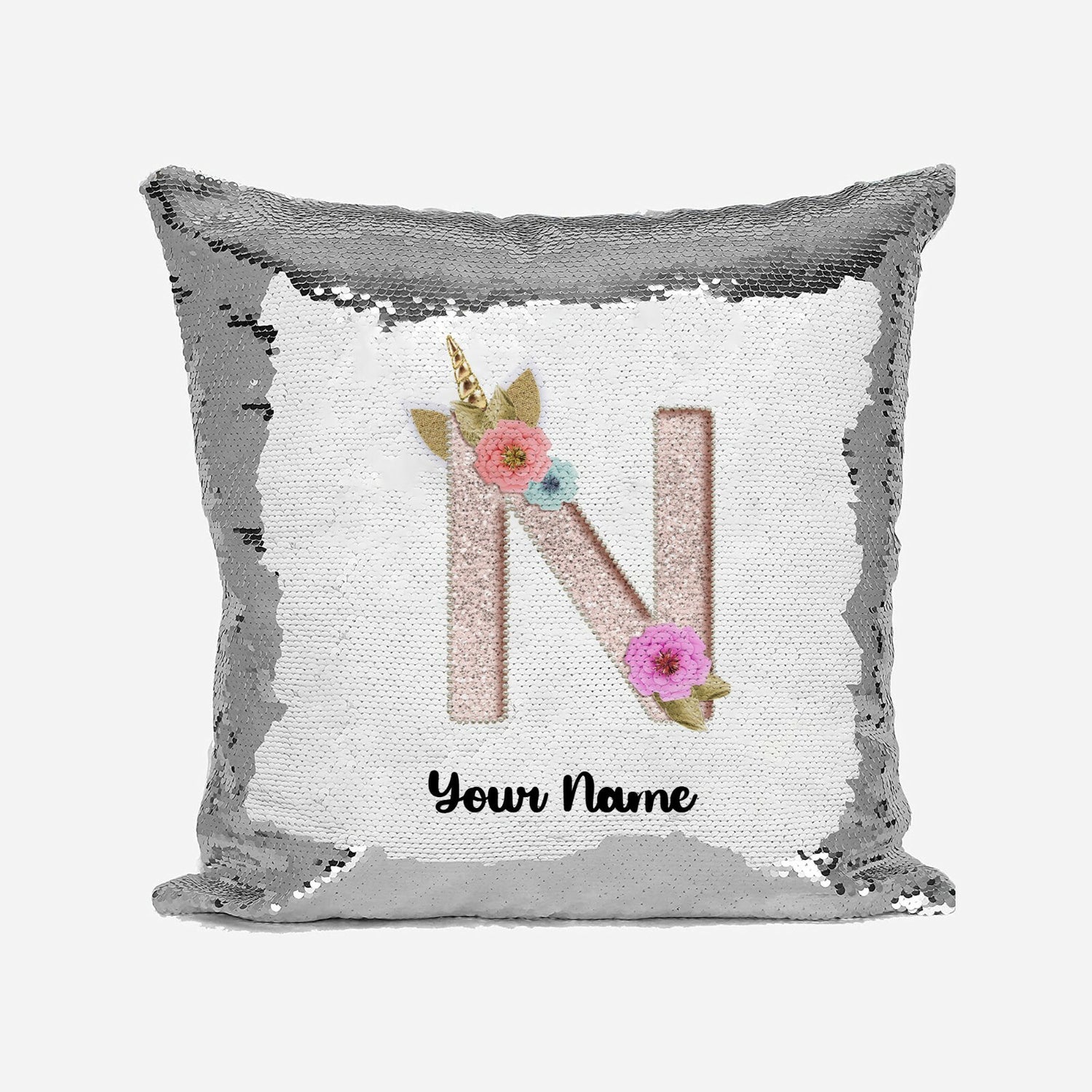 Personalised Unicorn Sparkly Monogram Alphabet Sequin Magic Cushion Cover+Pillow