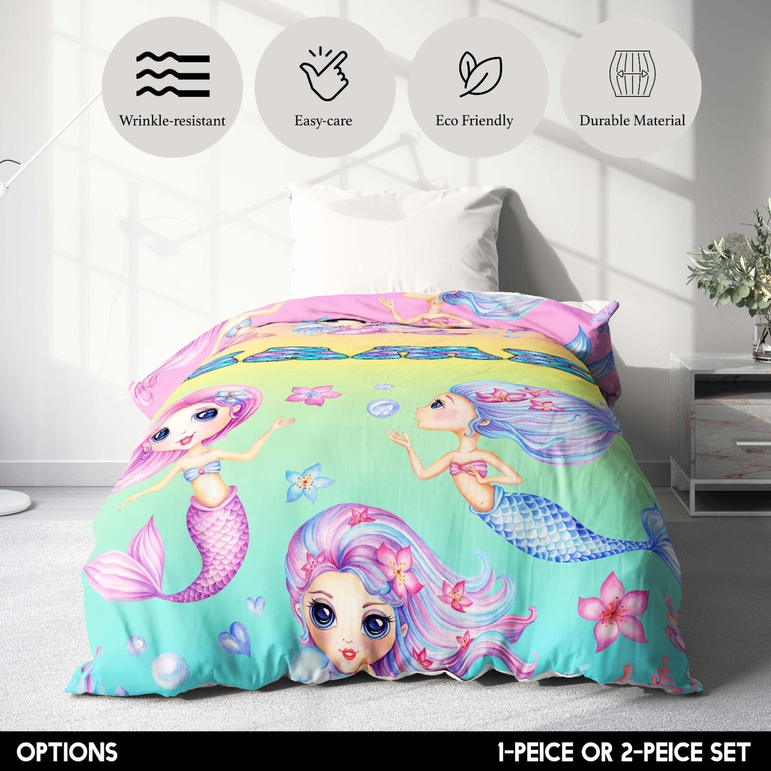 Personalised Name Mermaids + Jellyfish Single Bed Duvet Cover + Pillowcase Set