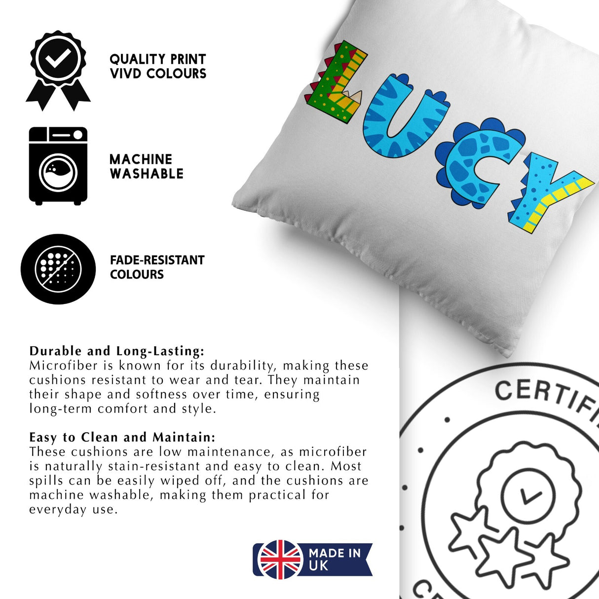 Personalised Name Dinosaur Alphabet Print Soft Square Filled Cushion Throw Decor