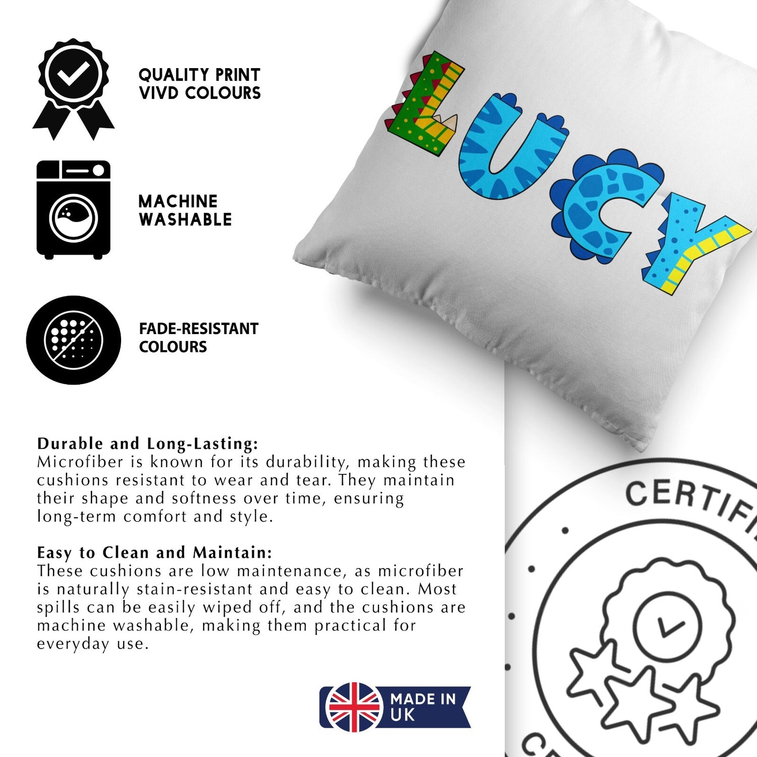 Personalised Name Dinosaur Alphabet Print Soft Square Filled Cushion Throw Decor