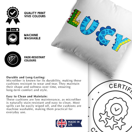 Personalised Name Dinosaur Alphabet Print Soft Square Filled Cushion Throw Decor