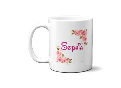 Personalised Name Floral Roses Pink Coffee Tea Mug Gift 11oz Mug + Coaster