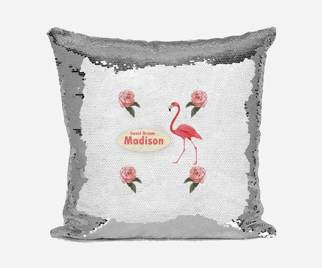 Personalised Name Shiny Sequin Magic Flamingo Roses Pink Cushion Cover + Pillow